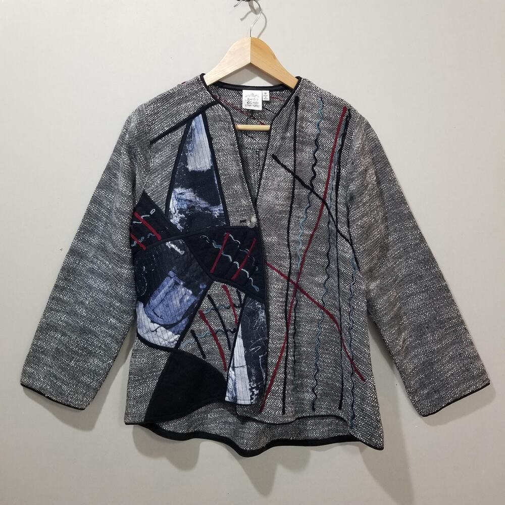 Parsley & Sage Jacket Womens Medium Gray Art To Wear Embroidered Abstract Boho